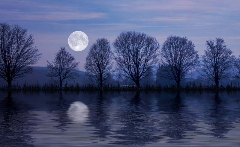 A full moon over a beautiful lake is perfect for Trataka gazing meditation